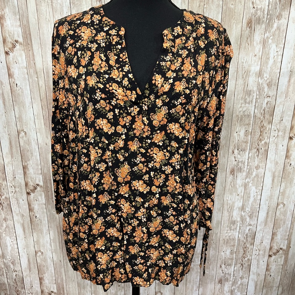 Cynthia Rowley Black and Orange‎ 3/4 Sleeve Blouse with Mandarin Collar